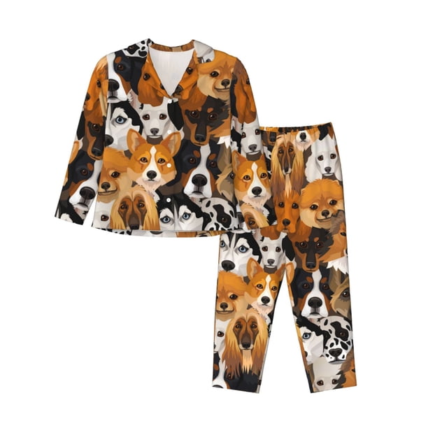 Fotbe Dogs Different Breeds Conjunto de Pijama de Manga Larga para Mujer con Estampado, Ropa de Dormir de 2 Piezas, Conjunto de Casa Suave y Cómodo con Bolsillos-X-Large