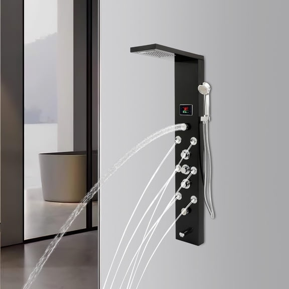 Modern Shower System, 7.8x18in Top Shower, 4.9ft Hose, 3-Knob Control, LED Temp Display & Easy Installation, for Trendy Bathroom, Resort, Home Spa