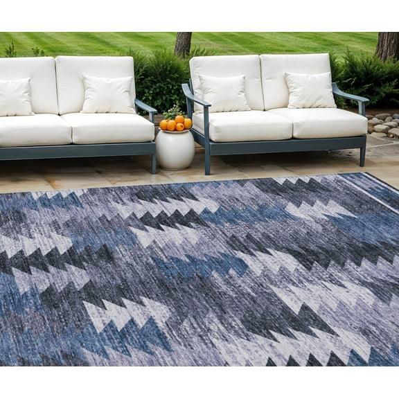 10' X 14' Navy Blue And Sky Blue Southwestern Washable Indoor Outdoor Area Rug