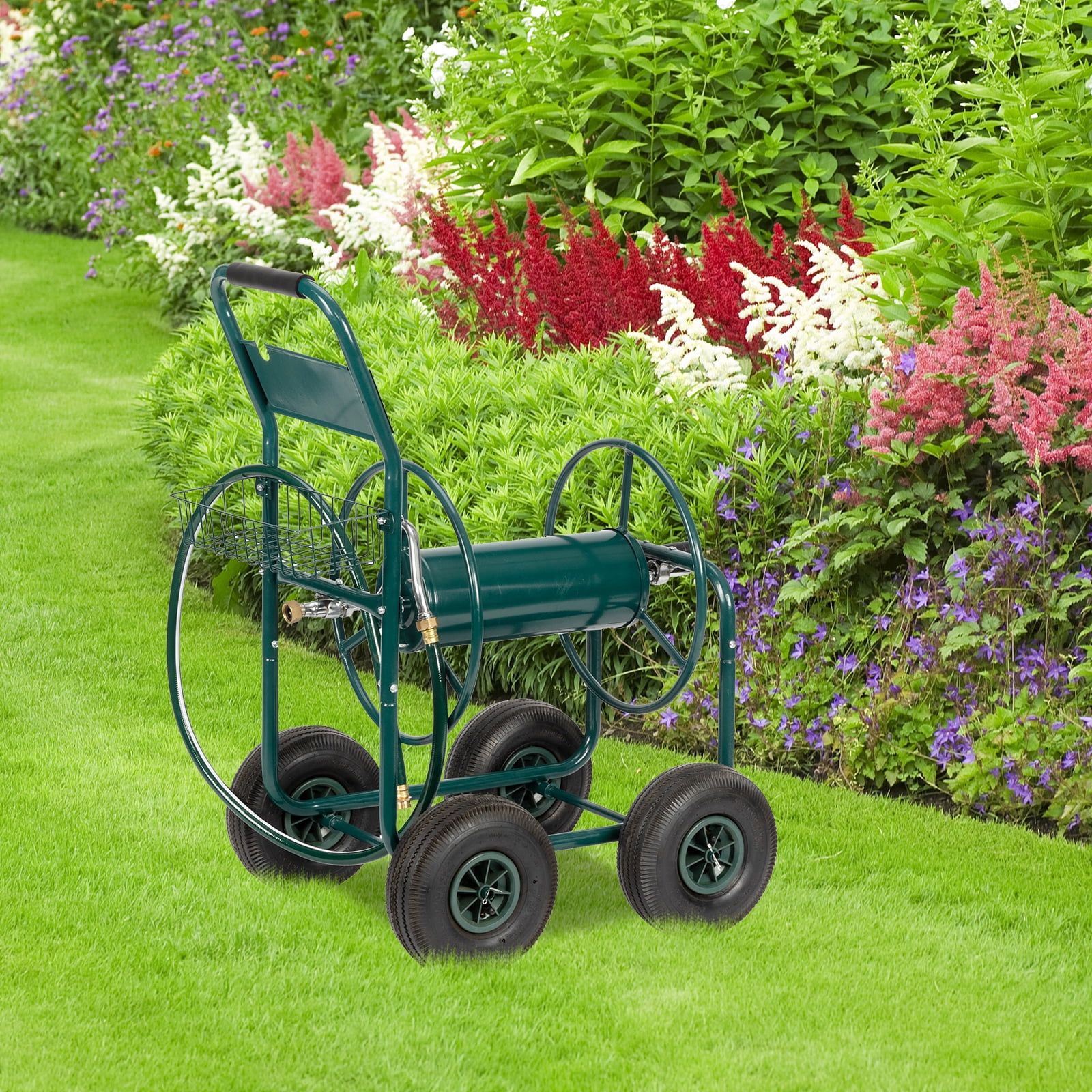 Dark Green Iron Four-Wheel Pipe Truck - Heavy Duty Hose Reel for Professional and Home Use