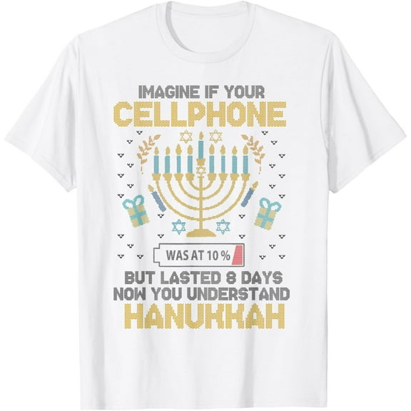 Hanukkah Cellphone Ugly Chanukkah Sweater Funny Jewish Gift T-ShirtMen and women can wear white T-shirts, gifts. Age: M,，L，XL，2XL,3XL, 90XL