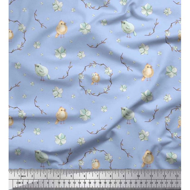 Soimoi Blue polyester Crepe Fabric Wreath & Bird Print Fabric by the Yard 42 Inch Wide