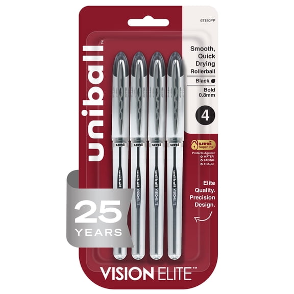 uniball Vision Elite Rollerball Pens, Bold Point, 0.8mm, Black Ink, 4 Count