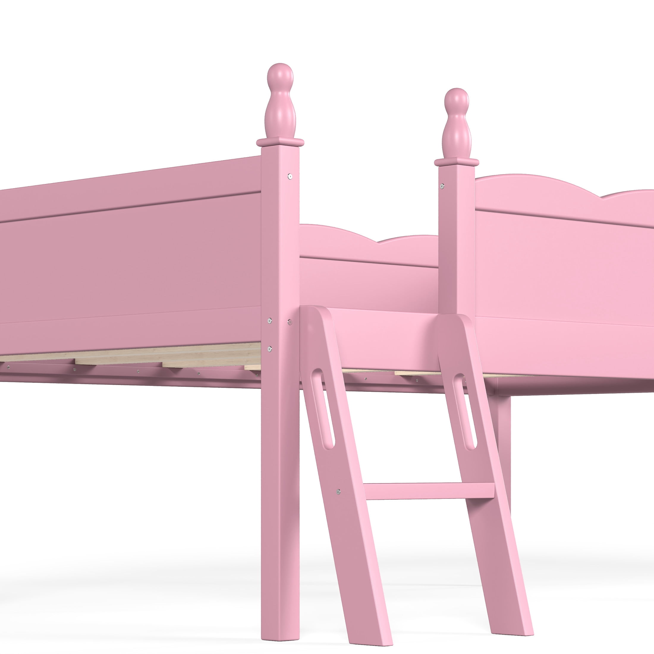 GDF Studio Twin Size Low Loft Bed with Guardrails, Ladder & Side Bookshelf, Chic Design, Pink