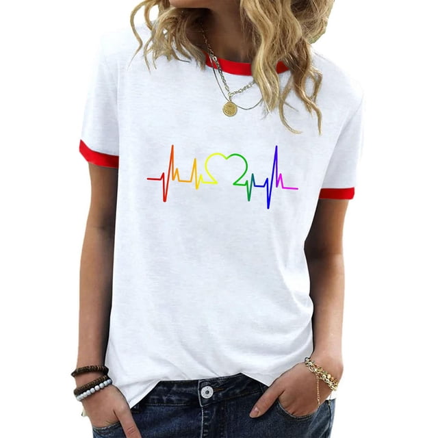 Offres des Fêtes Iumwxz Tunique Décontractée à Garniture Côtelée T-Shirt Coupe Classique Chemises pour Femmes Blouse Graphique Cœur Manches Courtes Col Rond Blouse pour Dames Articles en Liquidation Faire du Magasinage