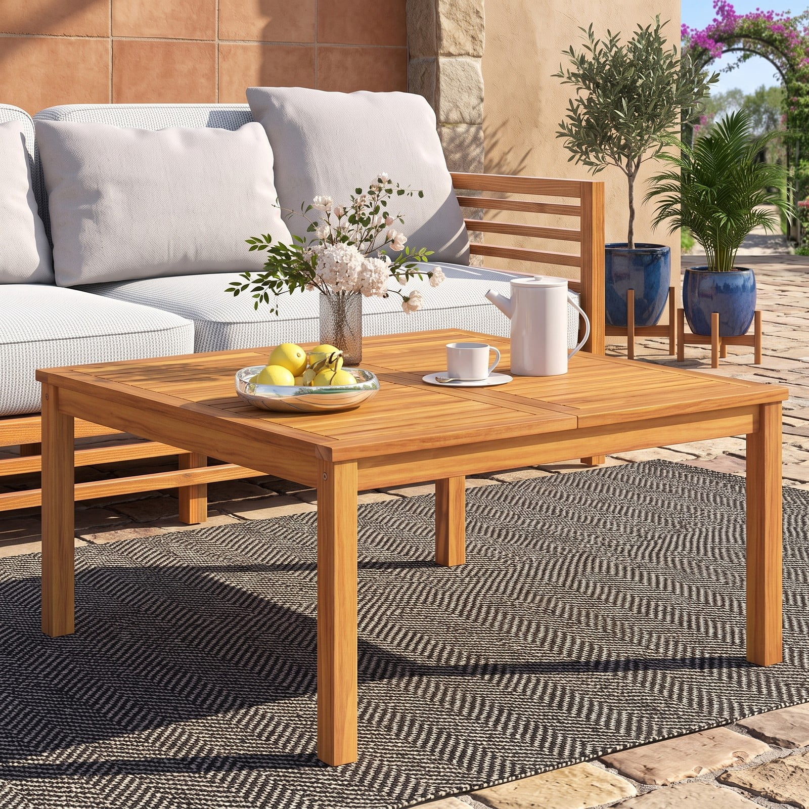 Furnibear 35.5 Inch Square Acacia Wood Patio Coffee Table with Slatted Draining Top for Backyard Poolside and Balcony, Natural