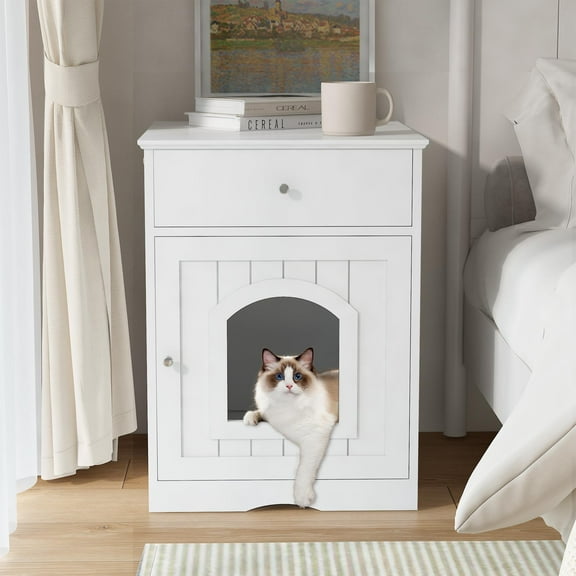 Wooden Pet House Cat Litter Box Enclosure with Drawer, Side Table, Indoor Pet Crate, Cat Home Nightstand (White) - Stylish, Multi-functional, Space-saving Pet Furniture for Cat Owners
