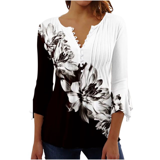 Blusa de verano para mujer con estampado de pliegues sexy y mangas 3/4 con cuello en V y botones OAVQHLG3B Store lin121212