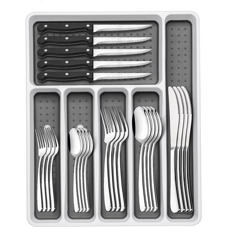 49-Piece Silverware Set with Organizer, Heavy Duty Stainless Steel Flatware Set for 8, Cutlery Utensil Sets with Steak Knives, Rust-proof, Mirror Polished, Dishwasher Safe, Heavy Duty