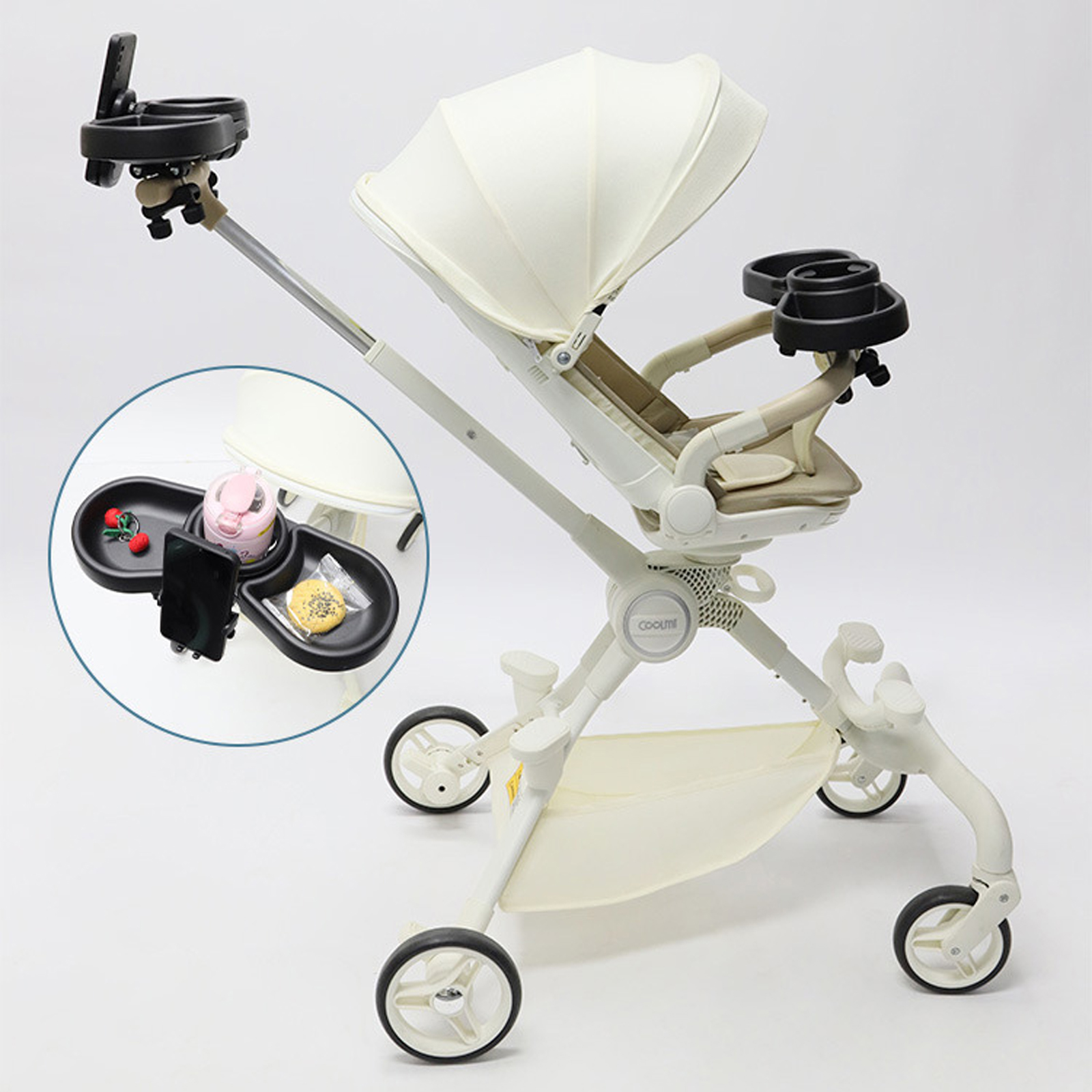 Portable Baby Strollers Eating Tray, 4 in 1 Pram Plate Milk Bottle Cup Holder Phone Bracket Stand