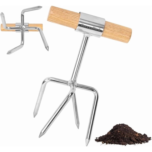 Twist Tiller, 4 Stainless Steel Tines Hand Tiller for Gardening | Hand Cultivator Tiller with Wooden Handle, Garden Twist Cultivator for Aerating & Loosening Soil, Perfect for Raised Beds