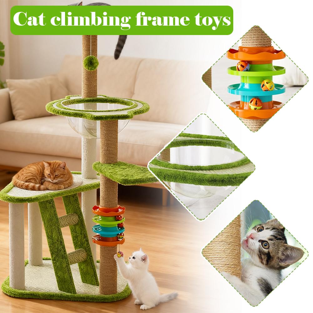 46in Cat Tree Tower, 3 Level Green Style Cat Tree, with Stairs, Cat Sleep Bowl, Small Cat Ball Rolling Toy, and Scratching Post, Multifunction Cat Tree