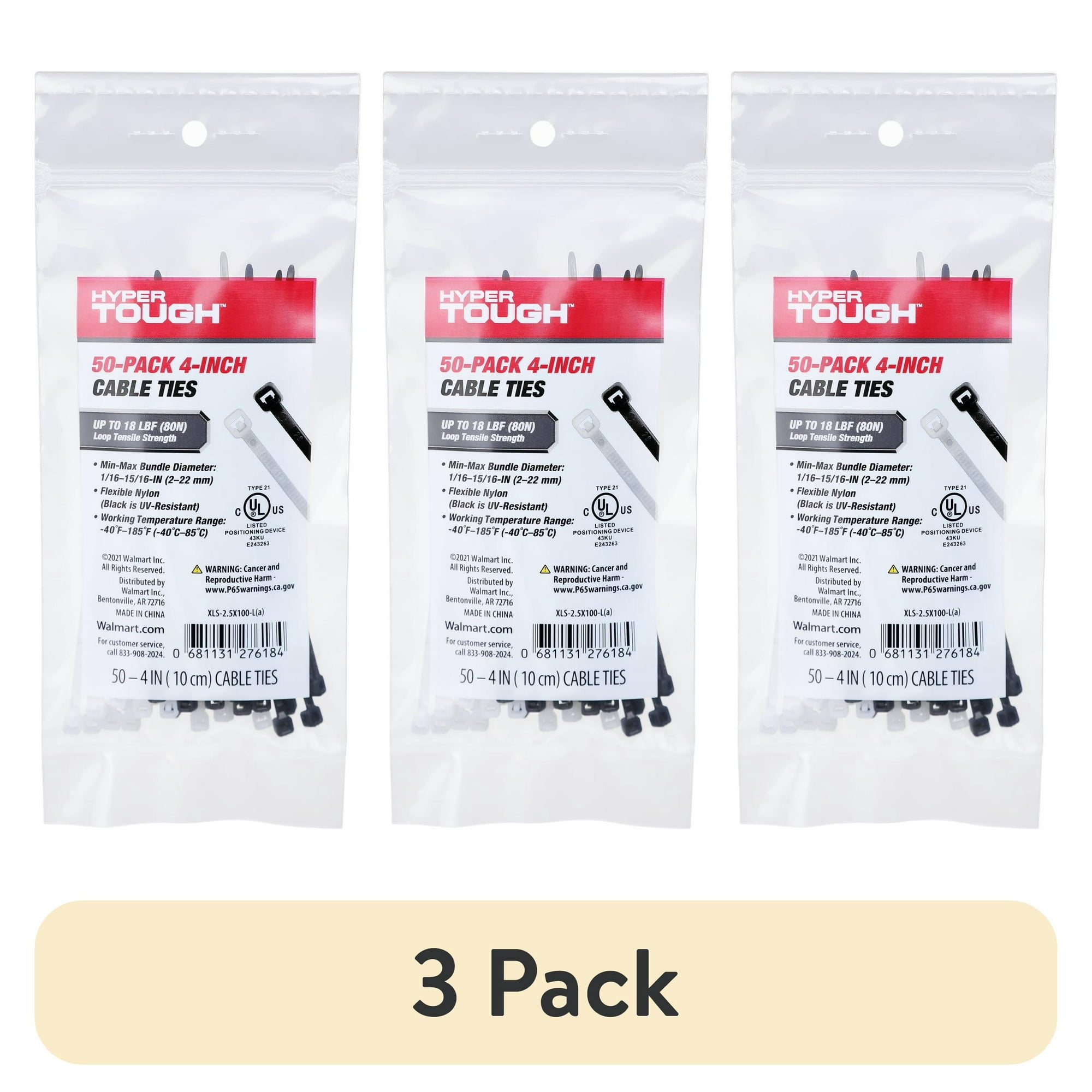 (3 pack) Hyper Tough 4 in 18 lb Cable Ties, Black and Natural, 50 Count