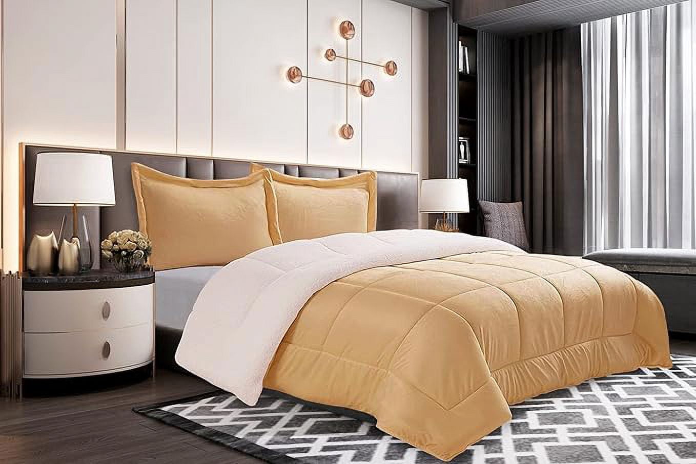 Elegant Comfort Ultra Plush 3-Piece Sherpa Comforter Set, Solid-Color and a Fluffy Sherpa Reverse, All Season Suitable, Heavy Weight, Micro-Suede, Sherpa Comforter, Queen, Camel-Gold
