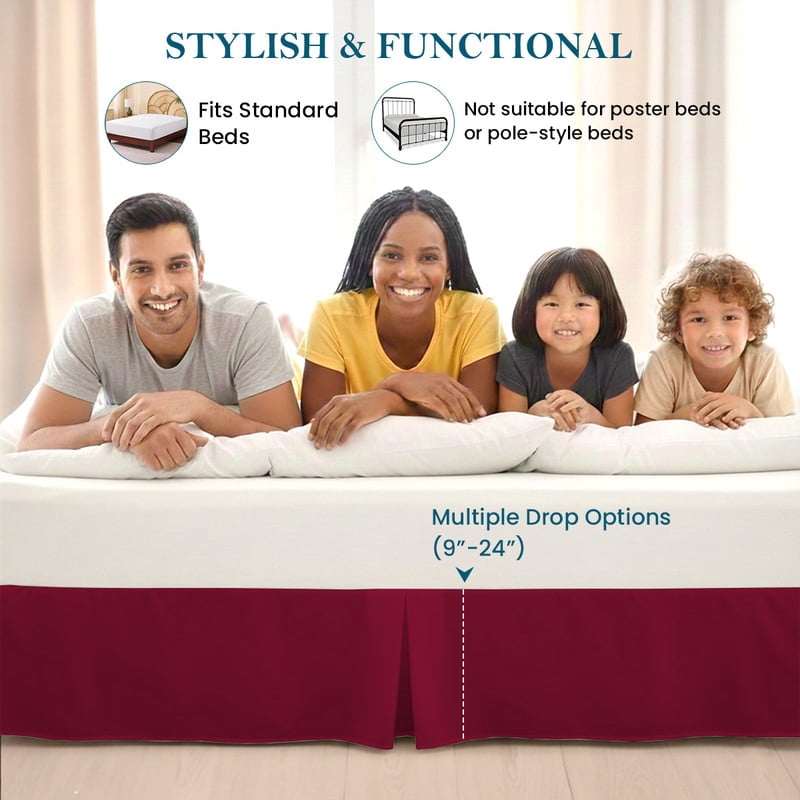 Cal-King Tailored Style Bed Skirt, 16" Drop Length, Soft 100% Microfiber, Quadruple Pleated Tailored Design, Hotel Quality, Burgundy Solid