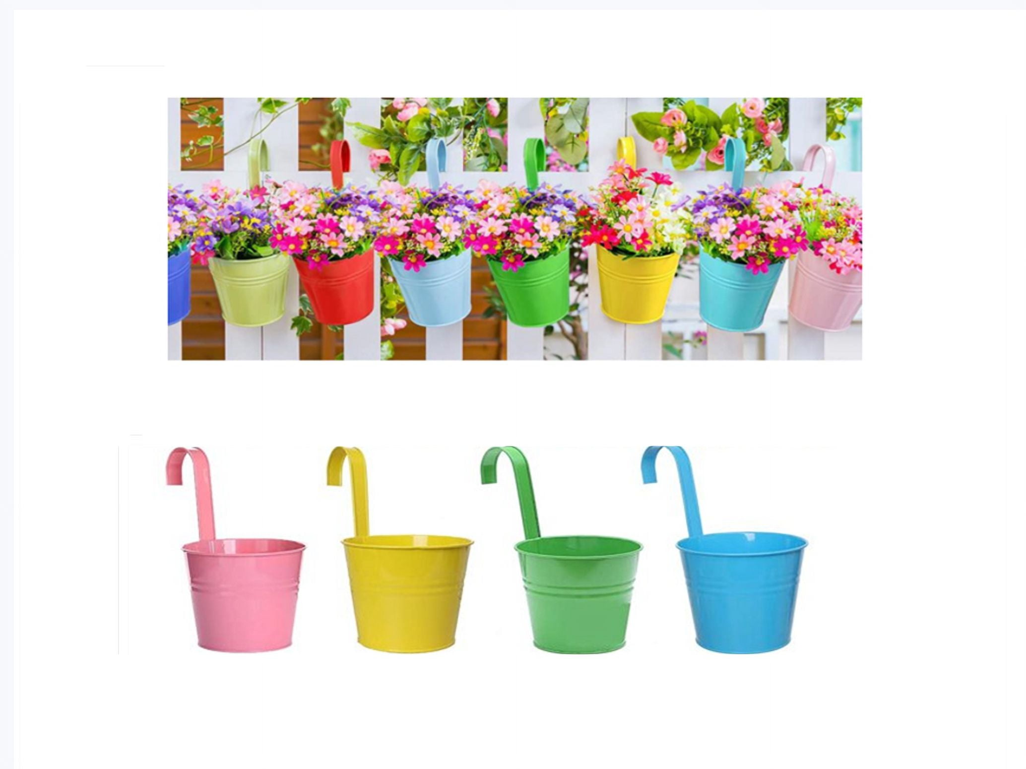 Topboutique 4 Pack Metal Flower Hanging Plant Pot Vase Basket Bucket with Hook - Flower Plant Pots ,Garden Hanger Planter Decor (Pack of 4), Yellow,Blue,Green,Pink