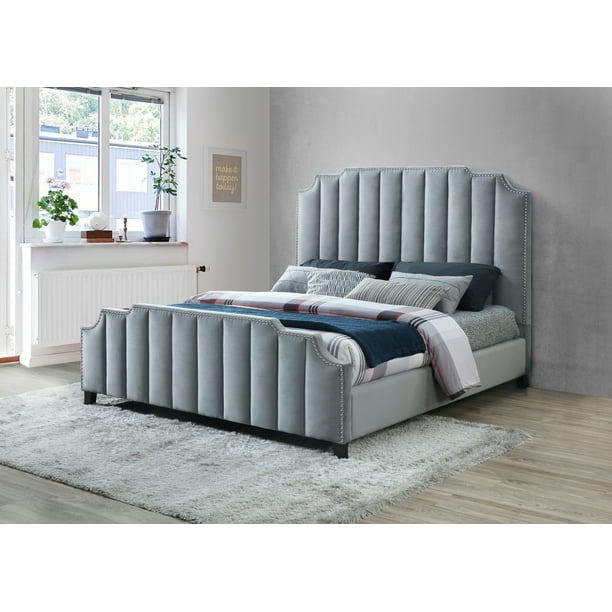 Tremaine Channel Tufted Velvet Bed, Fabric Headboard And Footboard King