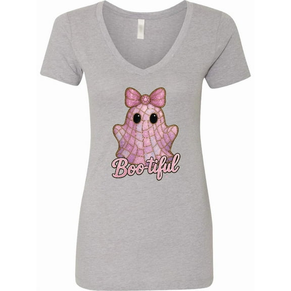 Inktastic Cute Boo-tiful Ghost with Pink Bow Kids Halloween Women's V-Neck T-Shirt