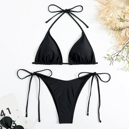 BUYISI Sexy Women G-string Thong Solid Color Bikini Set Halter Tie Swimsuit Swimwear Black S