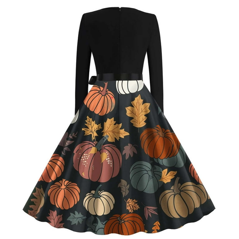 Alkepwun Halloween Dresses for Women Pumpkin Costume Long Sleeve Printed  Dress Vintage Style A-Line Party Dresses with Belt