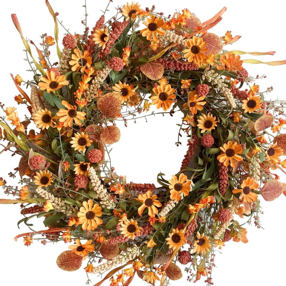 Idyllic 22" Fall Orange Daisy Wreath for Front Door, Artificial Forsythia with Wheat