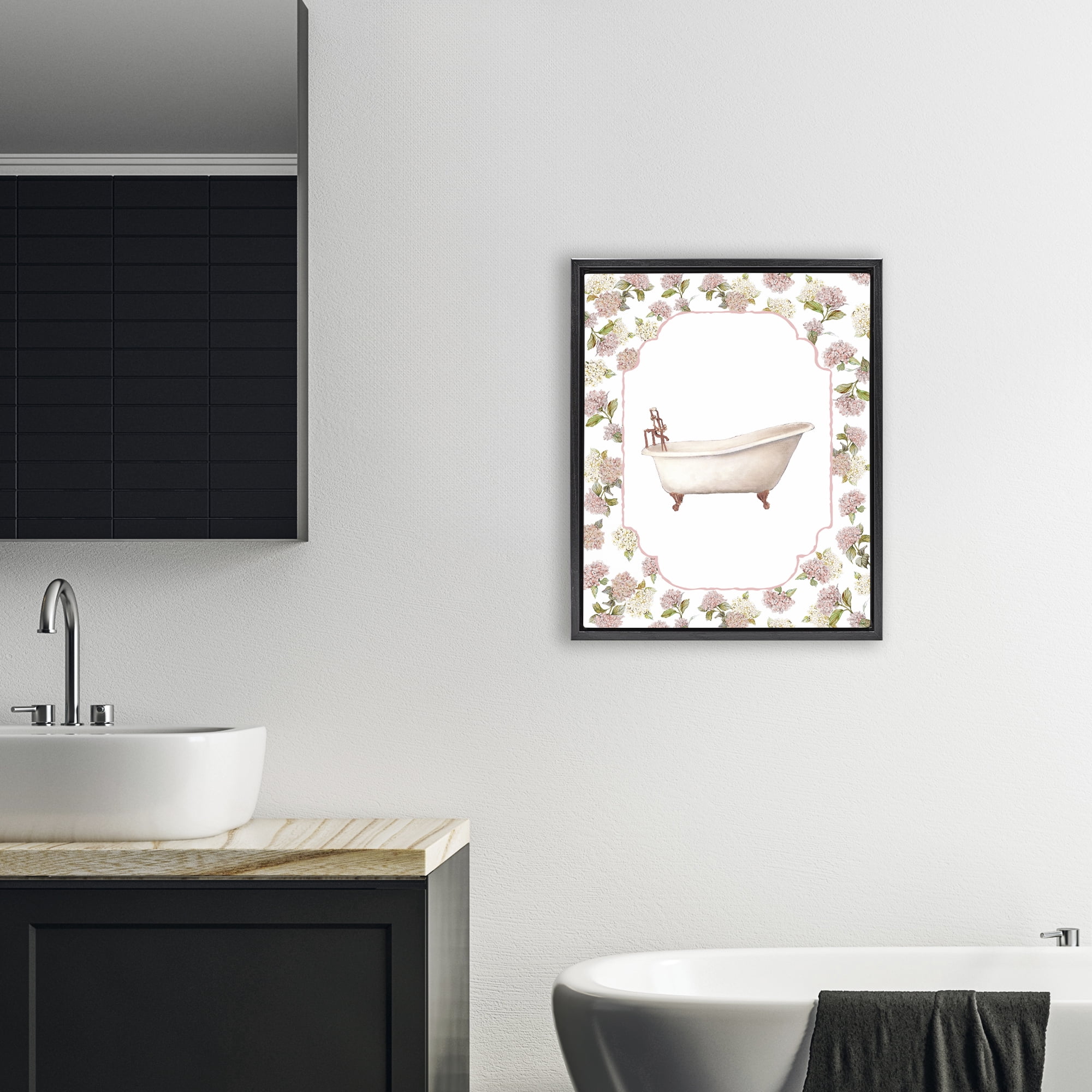 Stupell Industries Elegant Hydrangeas Bathtub Black Framed Floater Canvas Wall Art, design by Carol Robinson