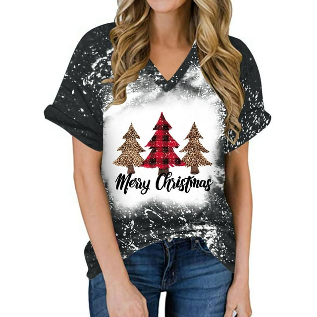 Puntoco Mujeres Summerchristmas Funny Letter Impreso Blusa Camisetas Casual Cuello en V Manga corta Camisetas tops Puntoco Puntoco-3937