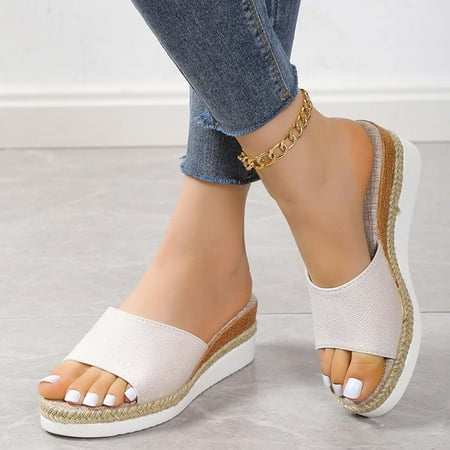 

amlbb Flat Sandals for Women Slippers Solid Color Round-head Flax Sandals Flat Beach Slippers Sandals Women