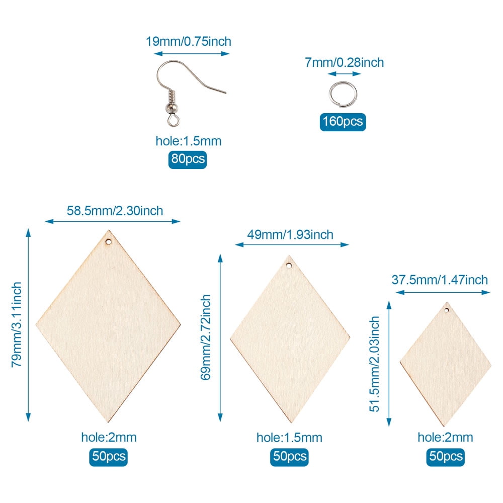 DIY Rhombus Shape Wood Pendants Earring Making Kits Include Platinum Plated Brass Earring Hooks and Jump Rings White