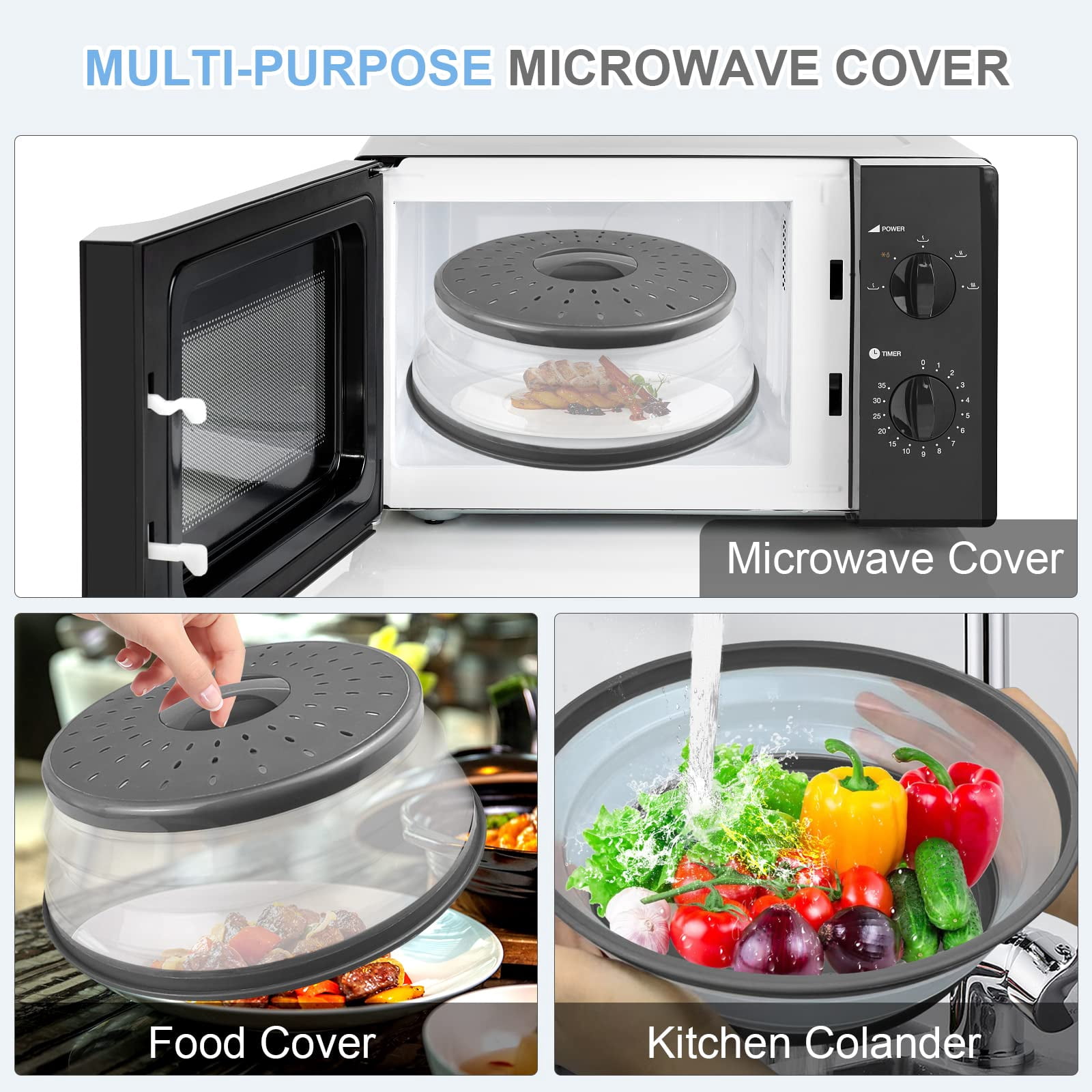 Vented Collapsible Microwave Splatter Cover for Food,Kitchen dish bowl Plate lid Can be Hung,Dishwasher-Safe,Fruit Drainer Basket,BPA-Free Silicone & Plastic,Grey