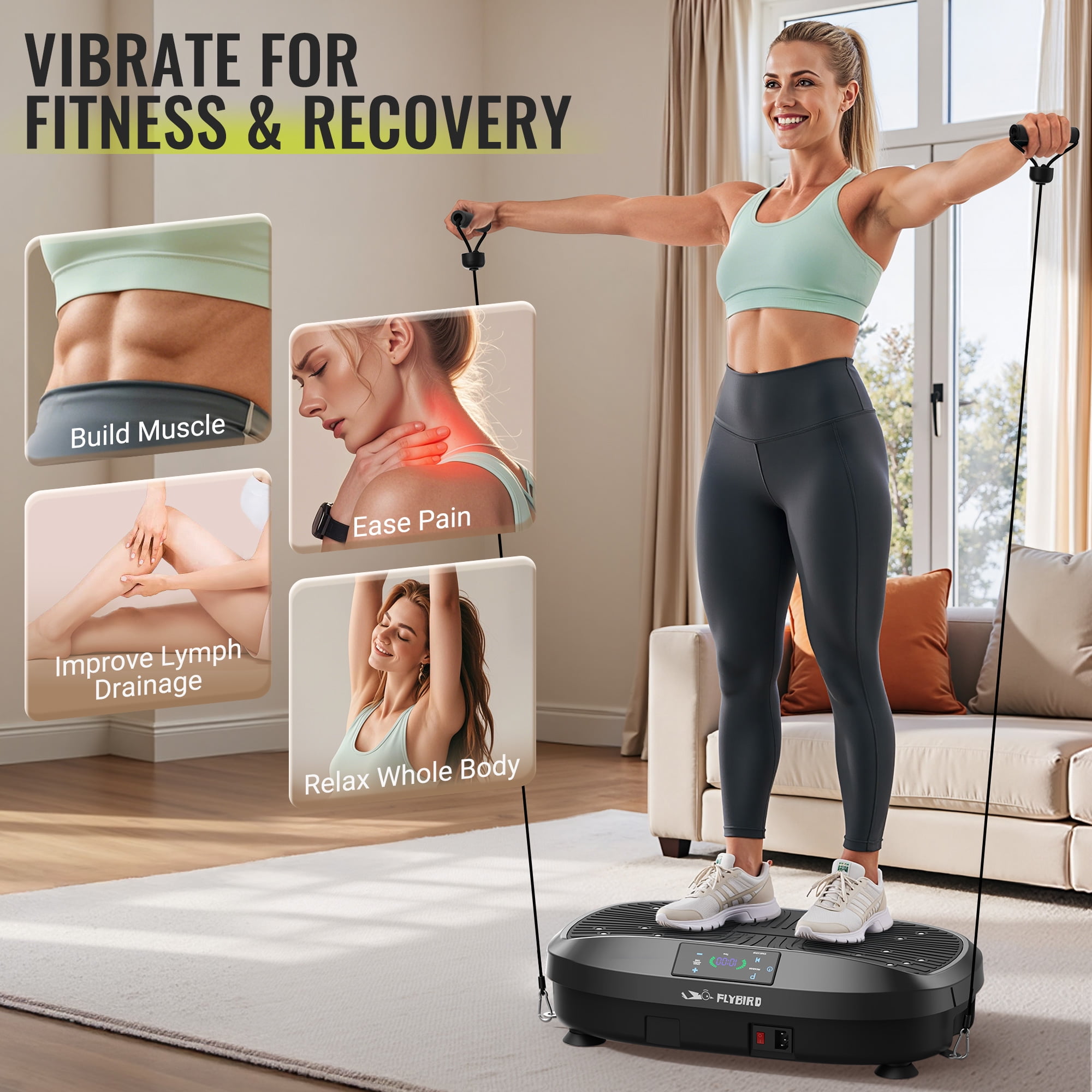 FLYBIRD Vibration Plate, Whole Body Workout Vibration Fitness Platform for Lymphatic Drainage, with 2 Resistance Bands