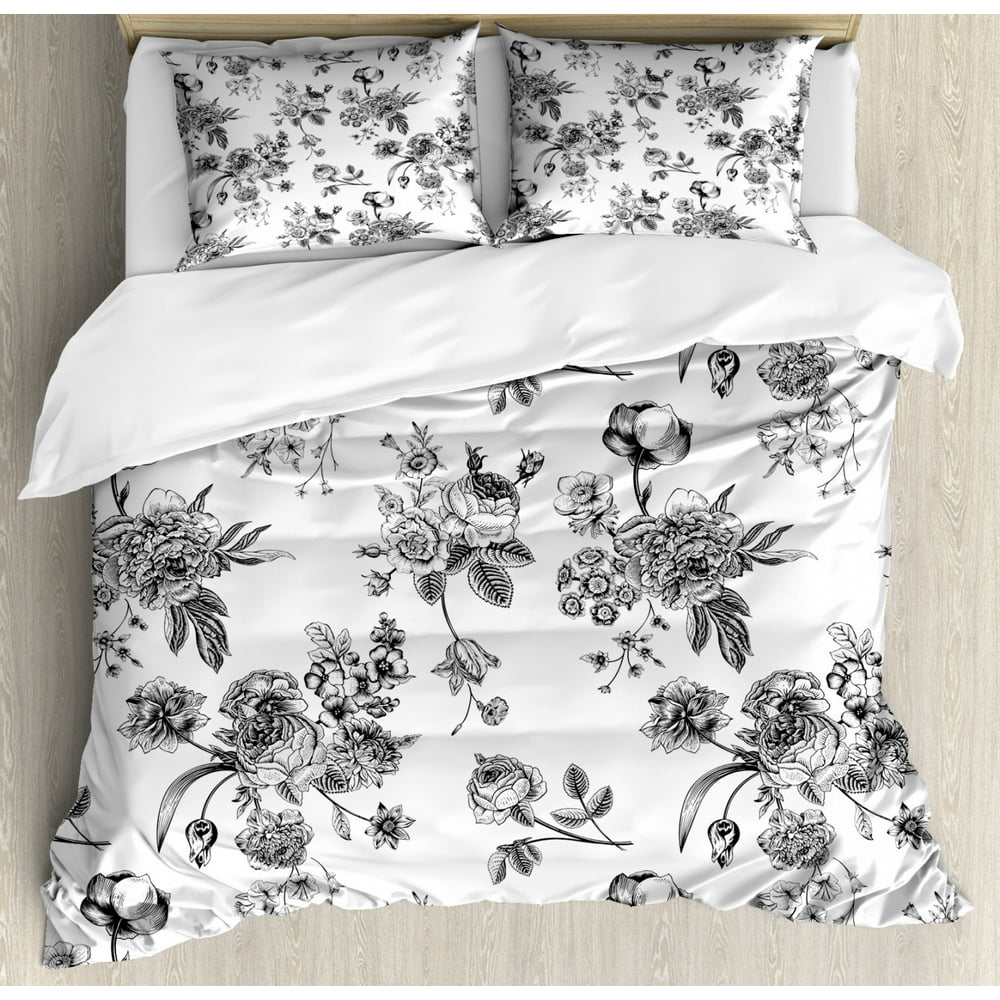 Black and White Duvet Cover Set, Vintage Floral Pattern Victorian