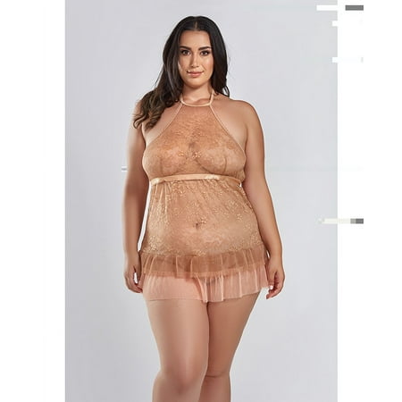 Amber Halter Lace Babydoll w/Tiered Pleated Mesh Skirt Hem & G-String Brown 1X