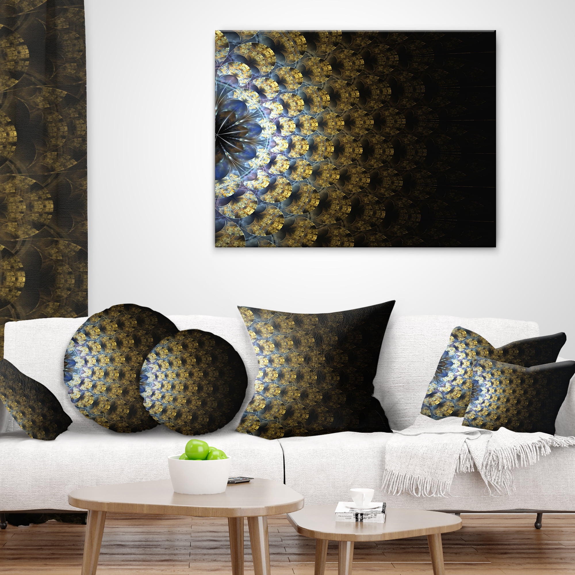 Designart Symmetrical Gold Fractal Flower - Abstract Throw Pillow - 18x18