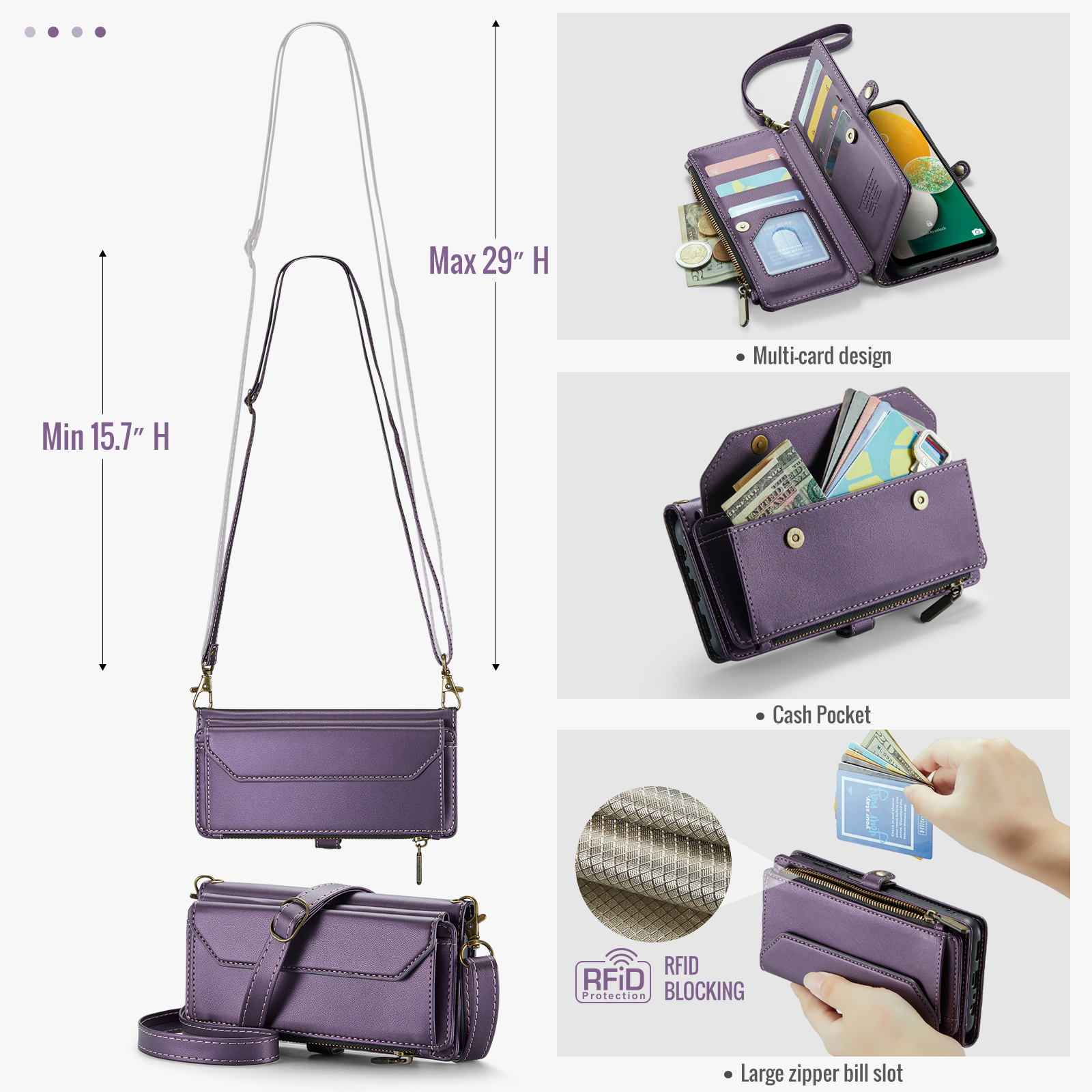 Compatible with Samsung Galaxy A13 5G Zipper Wallet Phone Case Tempered Glass Screen Protector Crossbody Lanyard Strap Flip Card Holder Slot Cell Cover for A04S M13 A 13 2022 13A A135G Women Purple
