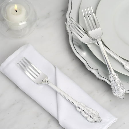 Grande Baroque Sterling Flatware - Efavormart 24 Pack | Metallic Silver Baroque Disposable Cutlery Plastic Tableware