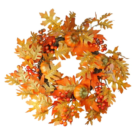 19" Autumn Harvest Artificial Leaves Pumpkins and Berries Wreath - Unlit