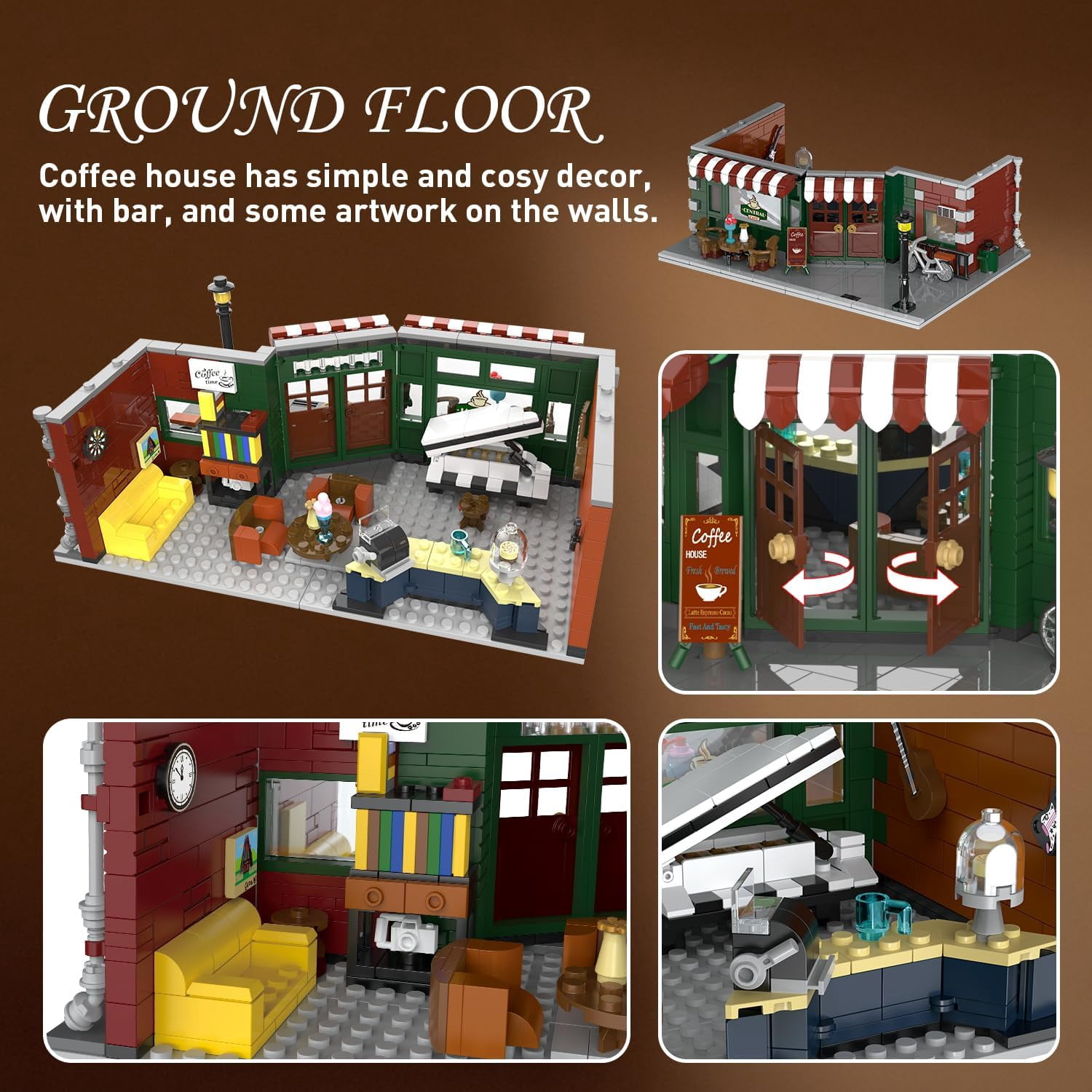 TERRAMUS Cafe Shop Building Kit with LED Light, 1589 Piece City Street View Building Blocks Set, Coffee House Construction Toy for Ages 12+