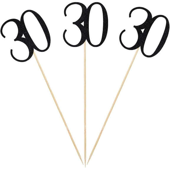 Black Glitter 30th Birthday Centerpiece Sticks, 12-Pack Number 30 Table Topper Anniversary Party Decorations