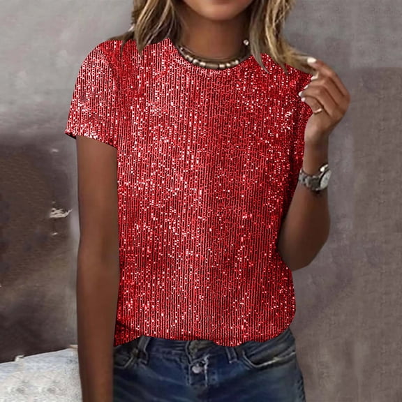 Ahabrexf Sequin Shirts for Women,Sparkling Embellished Casual Pullover Blouse with Round Neck and Sleeve