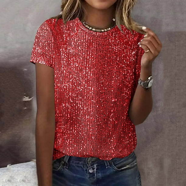 Ounisa Womens Full Sequin Tops Sparkle Glitter Blouses Lantern Short Sleeve Shirts Dressy Party Concert Outfits