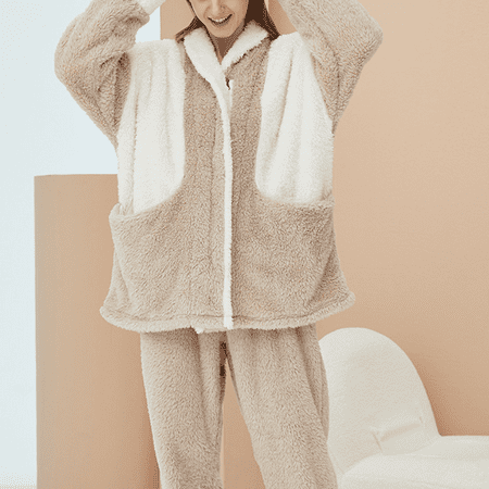 

warm pajamas for women Winter Home Clothing Contrast Slim Coral Fleece Pajamas Women Winter Padded Lamb Flannel Home Clothing Khaki L