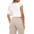 thumbnail image 2 of Gupgi Women Deep V Neck T-Shirts Short Sleeve Tops Solid Color Tee Basic Slim Fit Crop Top, 2 of 6