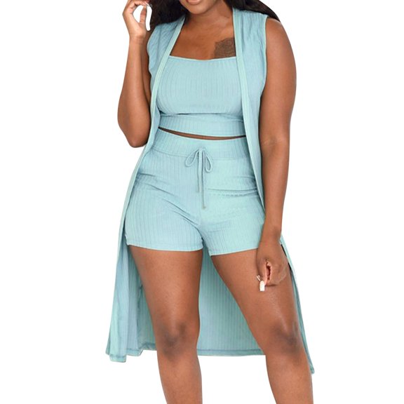 WAYUTE Shorts Sets Women 3 Piece Outfits Trendy Casual Stretchy Solid Color Ladies Ribbed Comfortable Sleeveless Coat Vest and Shorts Suits