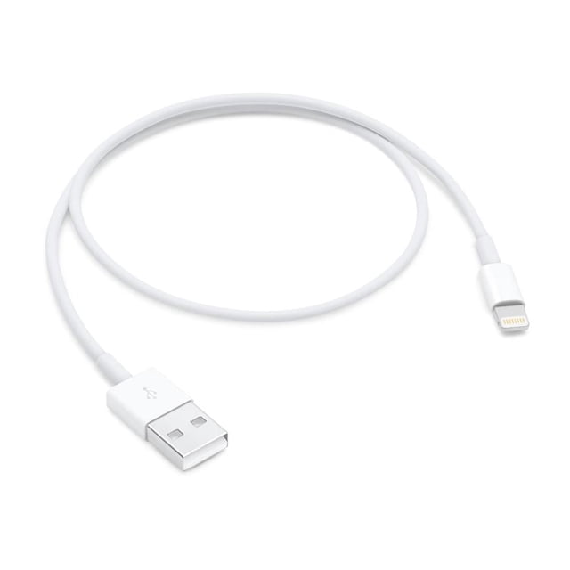 cable apple lightning ausb 05 m cable Lightning a USB 2.0 blanco de 0.5 m, vista frontal centrada con conector USB tipo A y conector Lightning visibles, funda exterior lisa; ideal para carga y sincronización de iPhone, iPad o iPod y suele usarse como accesorio iPod para conectar a computadora.
