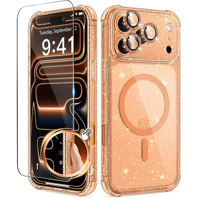 fuzhong-for iPhone 17 Pro Max Case for Women, Compatible with MagSafe, Clear Glitter Shockproof Protective Case, Anti-Yellowing, with Screen Protector & 3 Diamond Camera Lens Covers 6.9", Sparkle Ora
