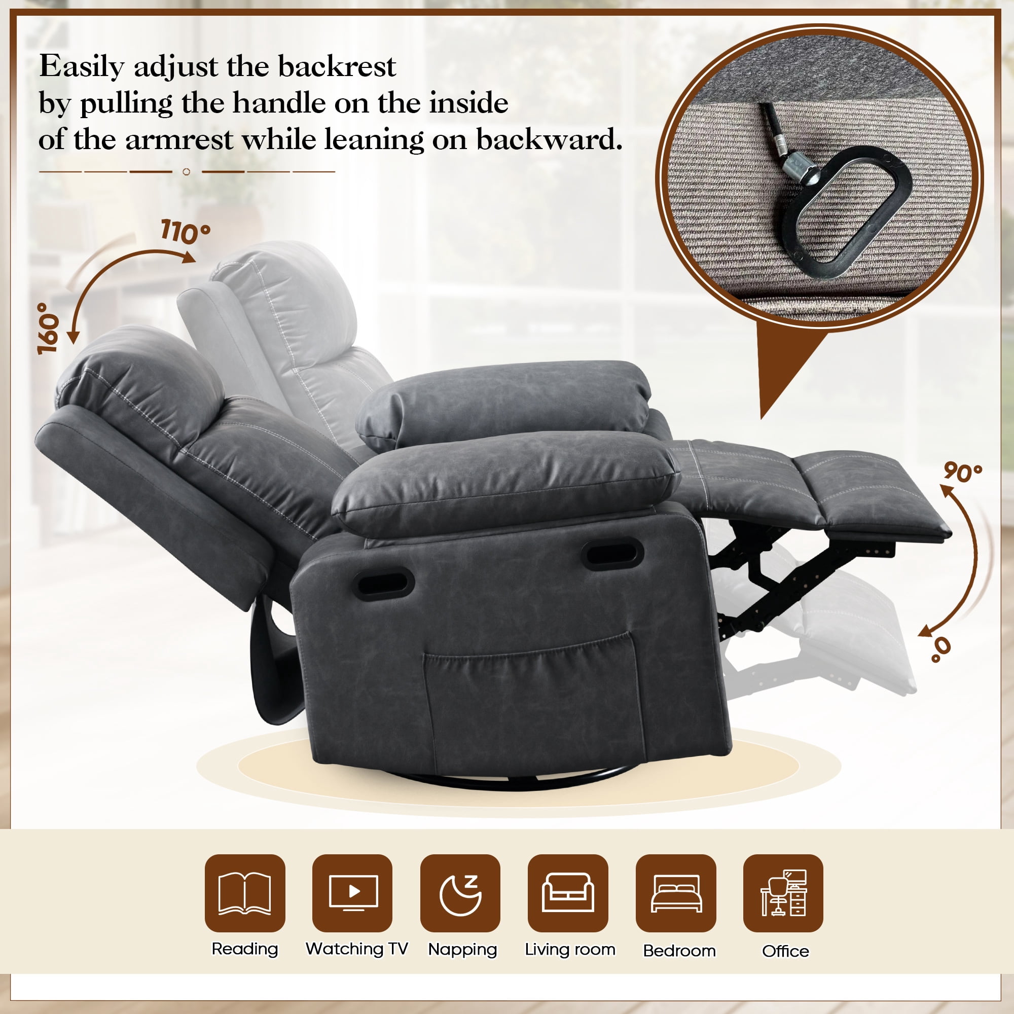 Dinosisco Swivel Rocker Recliner with Heat and Massage, Power Recliner Lounge Chair for Living Room, Gray Faux Leather