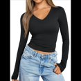 thumbnail image 4 of Camisas de Larga para Mujer, Moda de Otoño, Cuello en V, Básicas, Tops Cortos, Entallados, Y2K, Conjuntos, Ropa Negro XL, 4 of 10