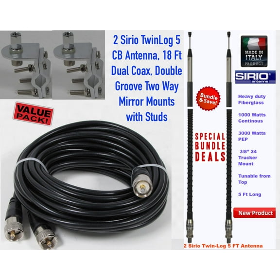 Dual Sirio Twin-Log 5 5Ft 3000 Watt CB Antenna kit