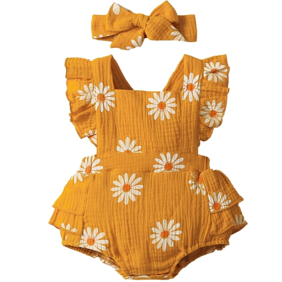 LAPAKIDS Newborn Infant Baby Girl Summer Clothes 0-3 Months Sleeveless Ruffle Romper Headband 2PCS Outfits